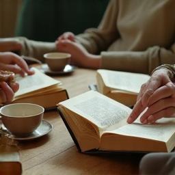 Group discussing books over tea