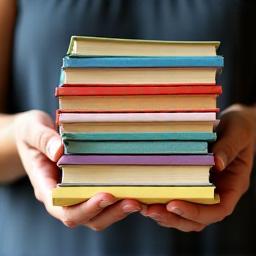 Hands holding a stack of books