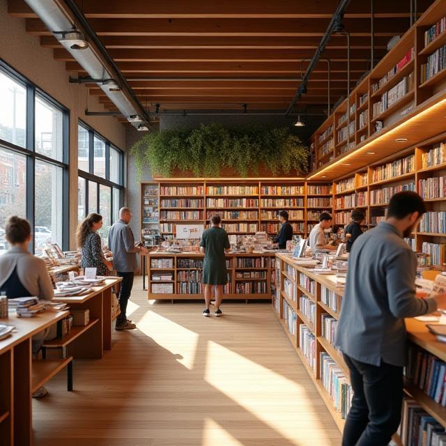 Interior of The Melbourne Reader with patrons browsing